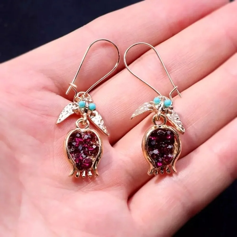 Jeweled Pomegranate Gold Dangle Unique Earrings - Picture 3 of 5